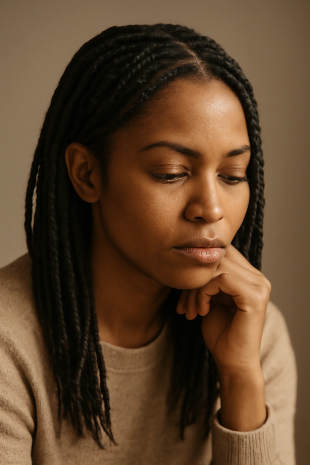 10 Knotless Braid Styles From Short Bobs to Long 11 Thoughtful portrait of a person with knotless braids in a reflective mood