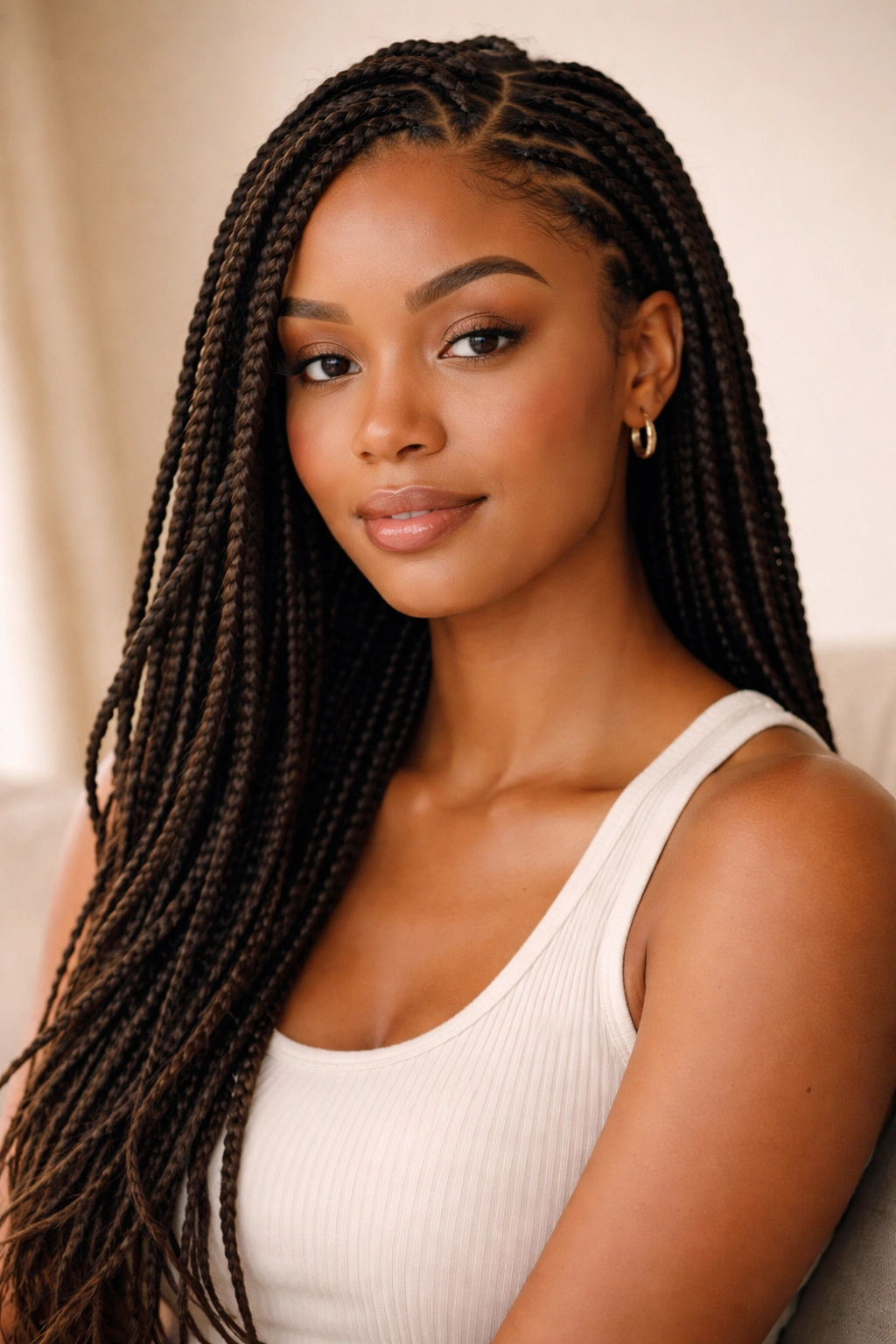 Portrait of a person with knotless braids in a calm, versatile protective hairstyle