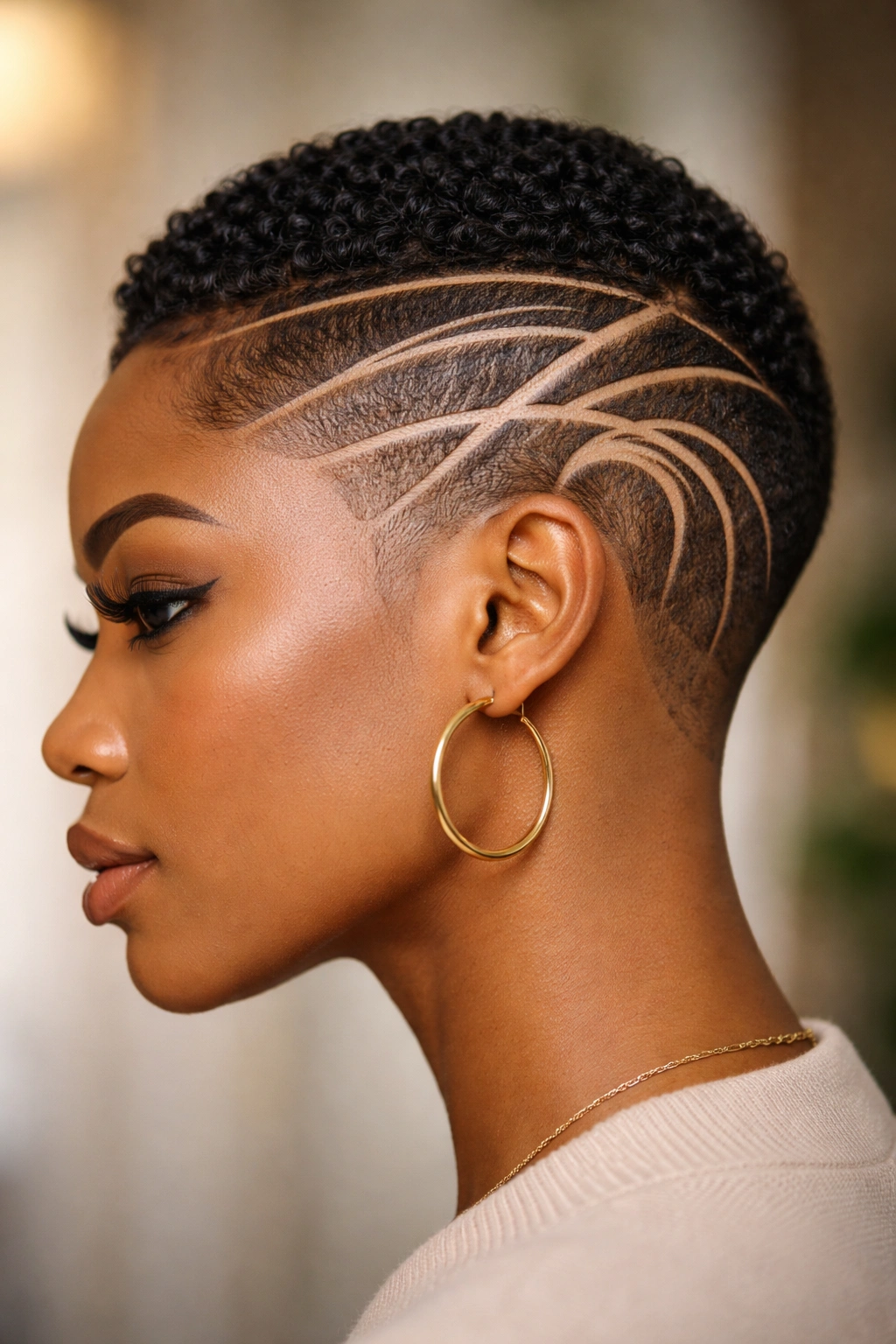 Profile of a person with an artistic line design on the scalp