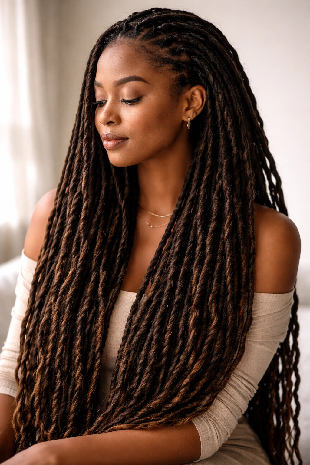 Contemplative portrait of a person with long locs in soft light