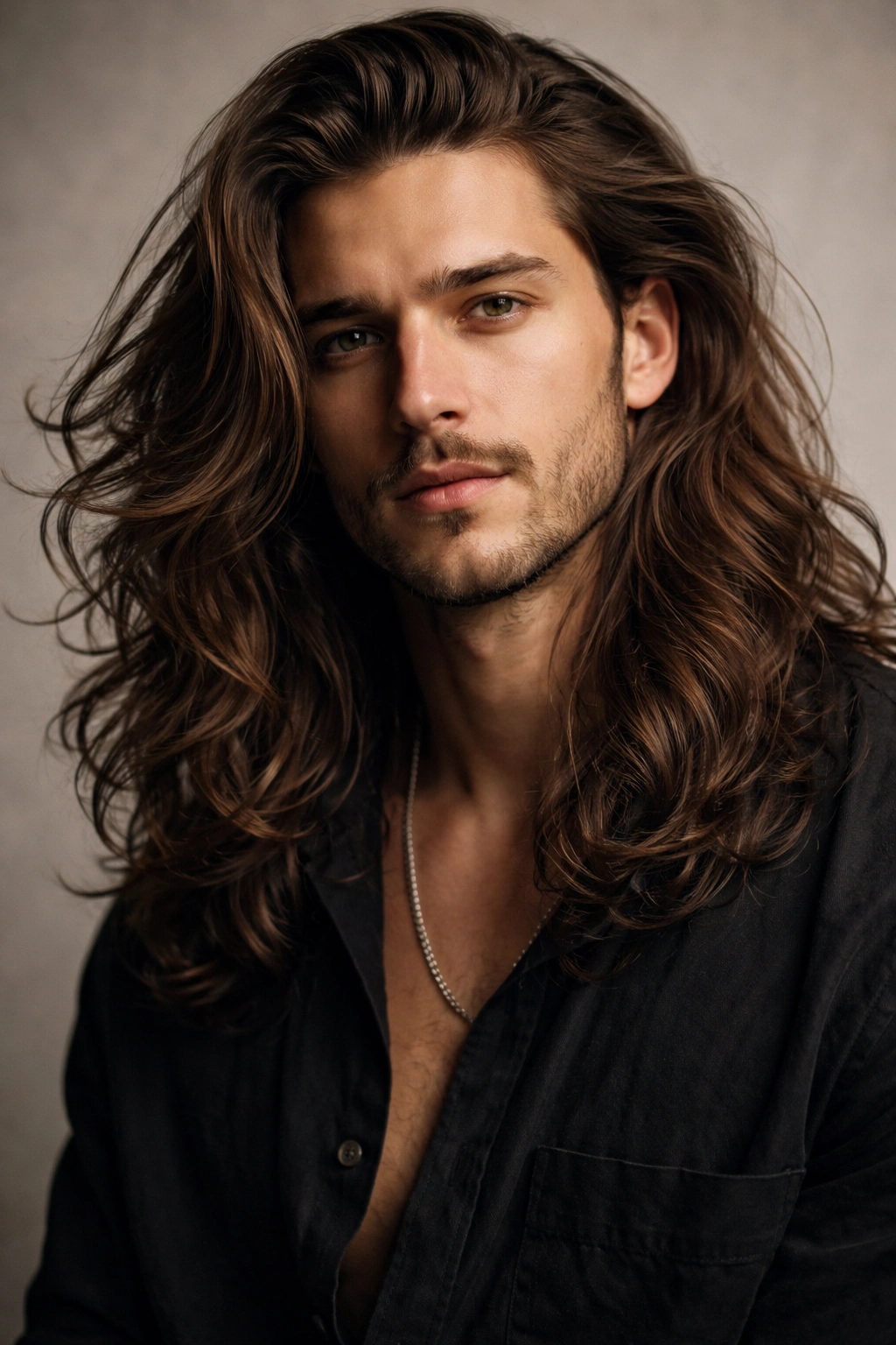 Portrait of a man with long hair in a neutral studio, conveying contemplation and style