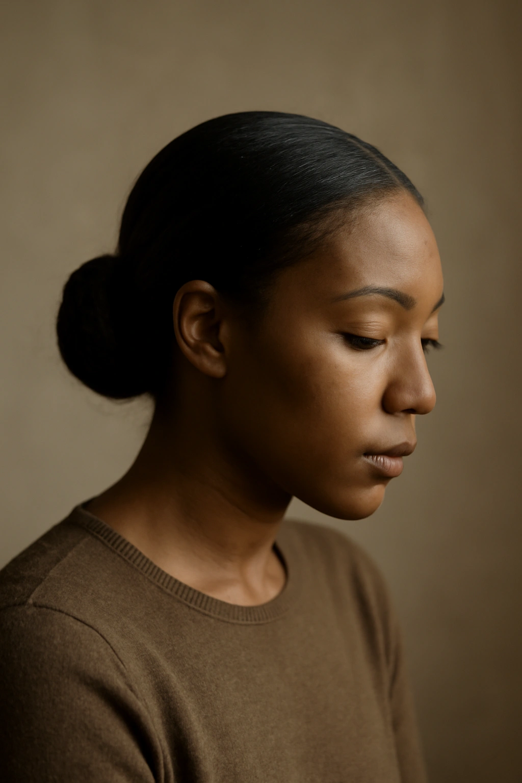 10 Elegant Low Bun Styles for Black Women to Try 11 Thoughtful portrait of a person with a polished low bun in a calm setting