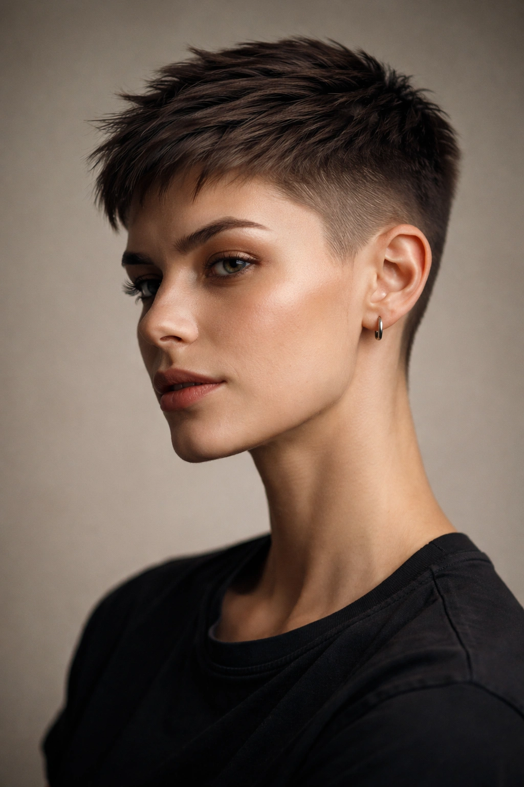 Close-up portrait of a woman with a sharp masculine short haircut, in a neutral studio.