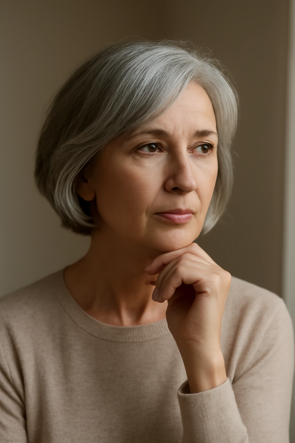 15 Youthful Hairstyles For Women Over 60 16 Contemplative mature woman considering hairstyle choices in a neutral setting