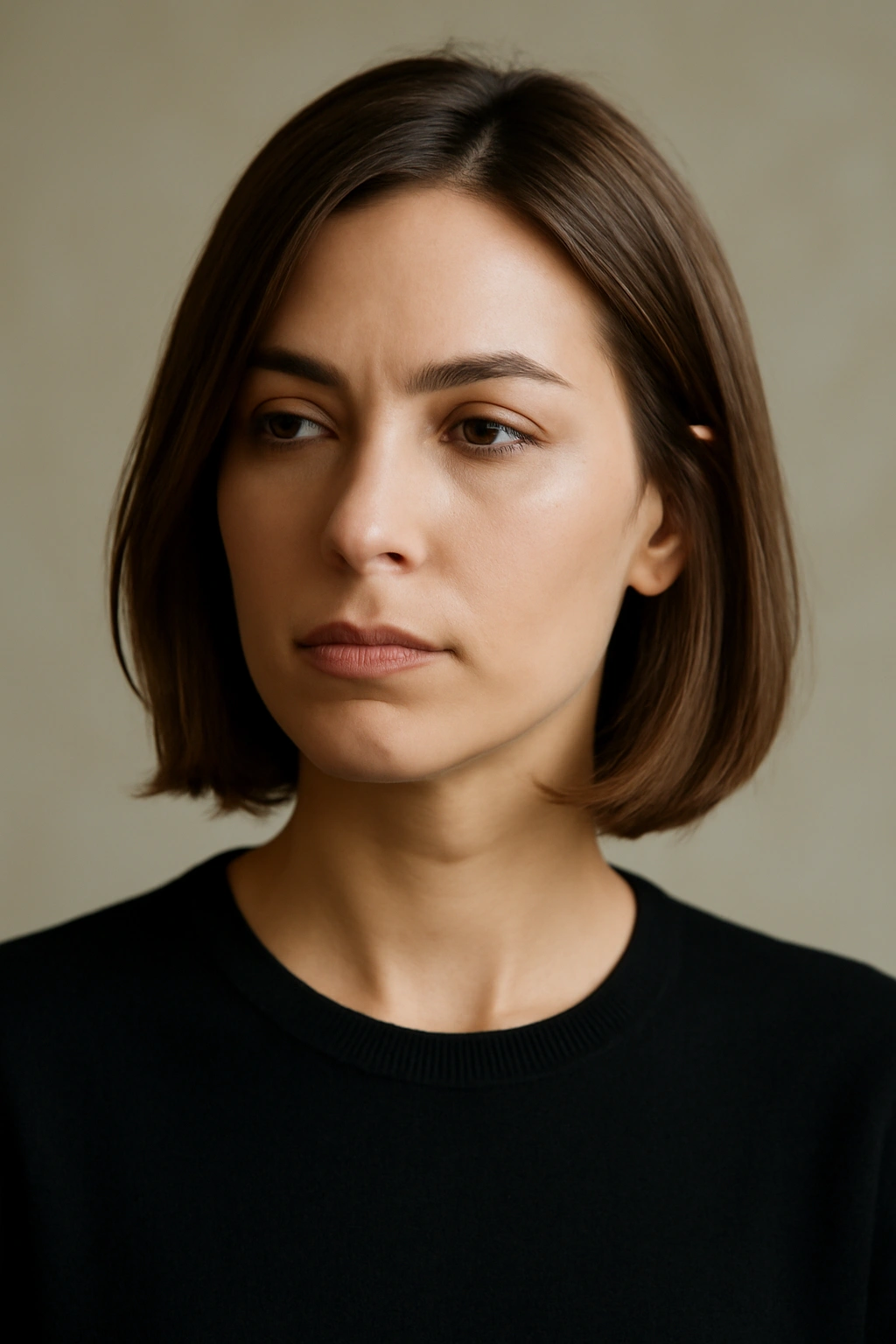 25 Medium Haircuts You’ll Want to Try Immediately 26 Portrait of a person with a sleek medium-length haircut, conveying final thoughts on hairstyle decisions