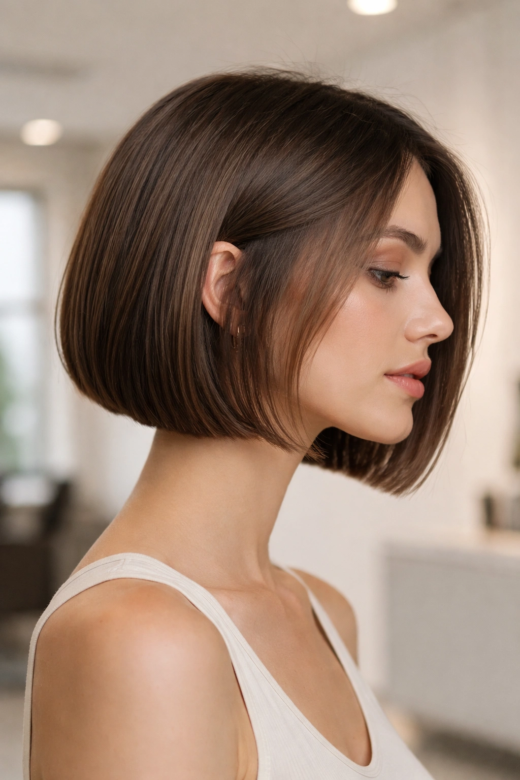 12 Modern Bob Cuts For Straight And Wavy Hair 13 Modern bob hairstyle on a model in a neutral studio, sharp blunt cut with subtle texture