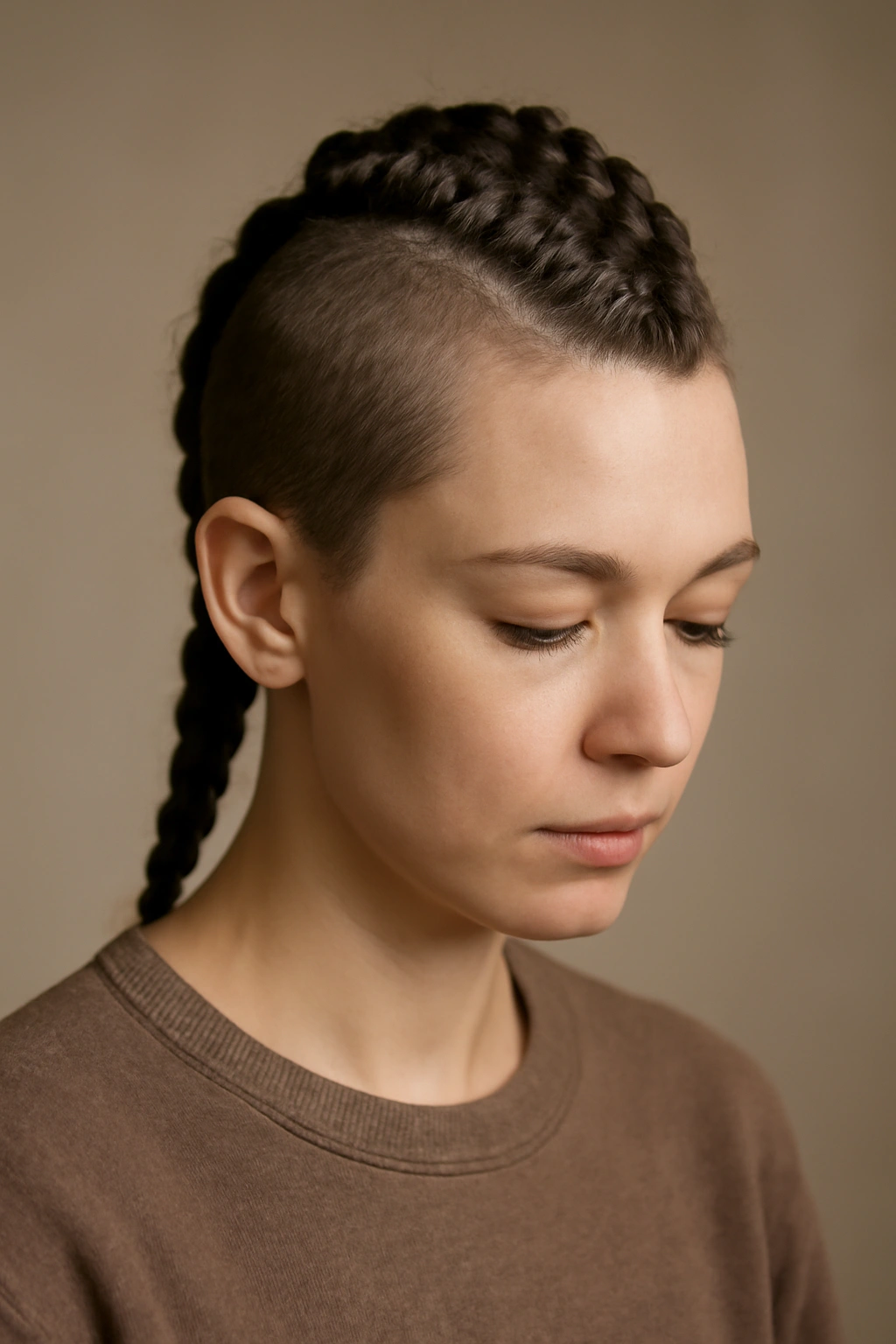 Contemplative portrait focusing on a central mohawk braid