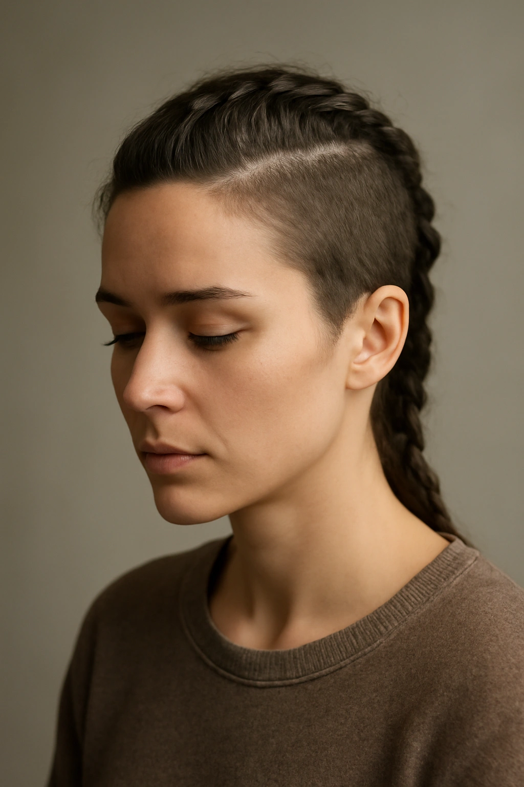 10 Mohawk Braid Styles for Short and Medium Hair 11 Contemplative portrait featuring subtle mohawk braid in a calm studio