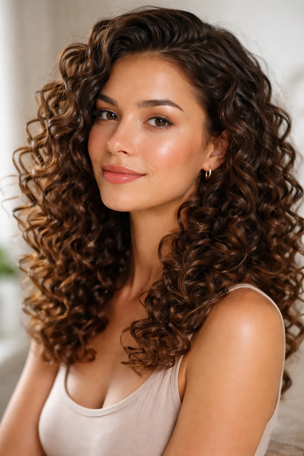 Portrait of a person with glossy curls in soft light