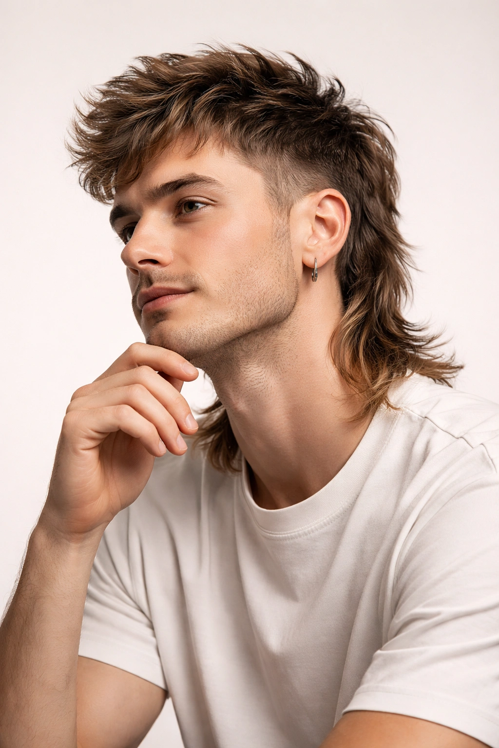Contemplative portrait of a person with a modern mullet