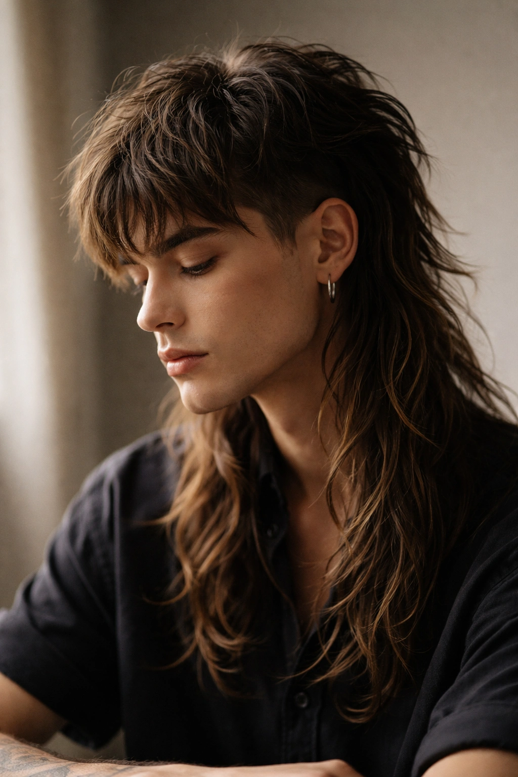 Contemplative portrait of a person with a long mullet in soft studio lighting