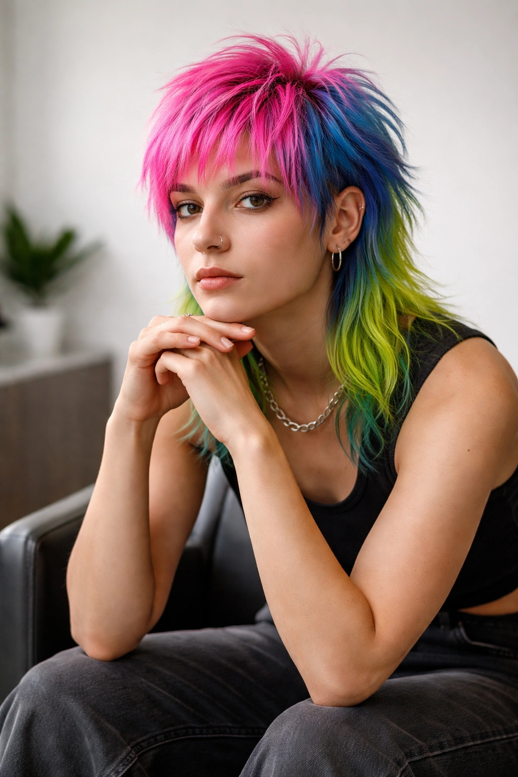 12 Colorful Mullet Haircuts To Inspire Your Next Cut 13 Portrait of a person with a vibrant multi-tone mullet in a salon chair, thoughtful pose.