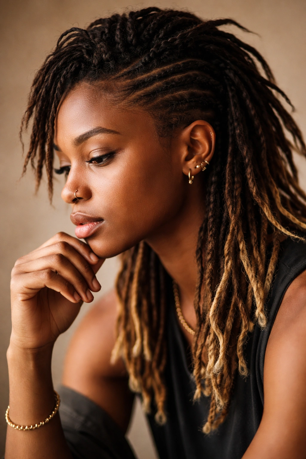 10 Mullet Loc Styles That Look Absolutely Stunning 11 Contemplative portrait of a person with mullet locs