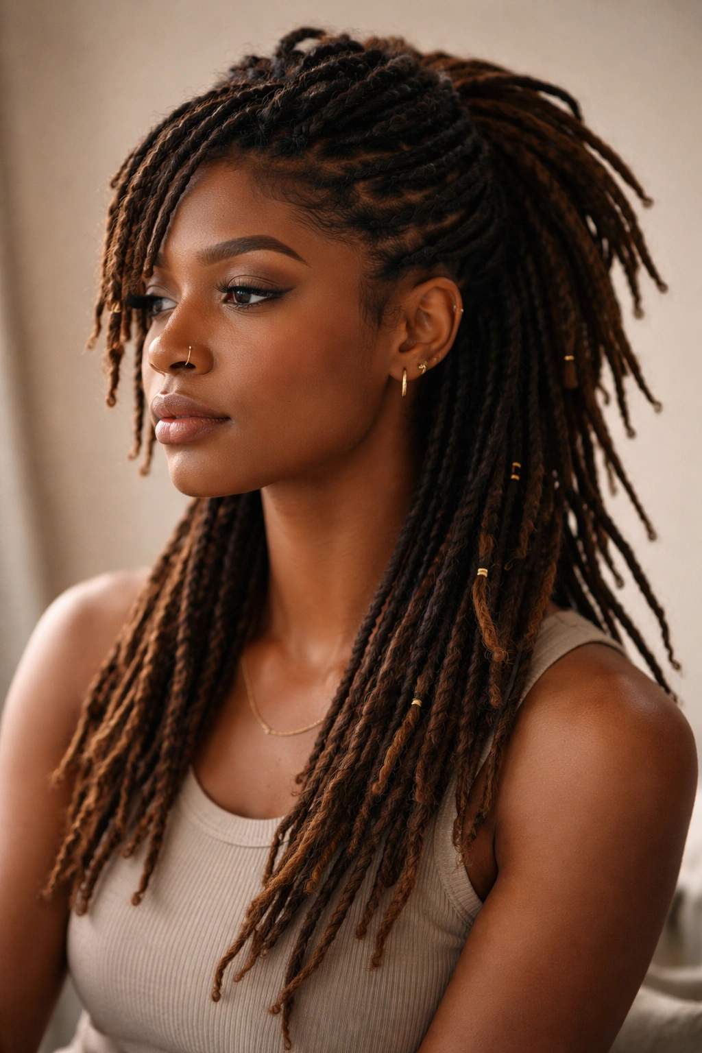 Contemplative portrait highlighting mullet locs against neutral background