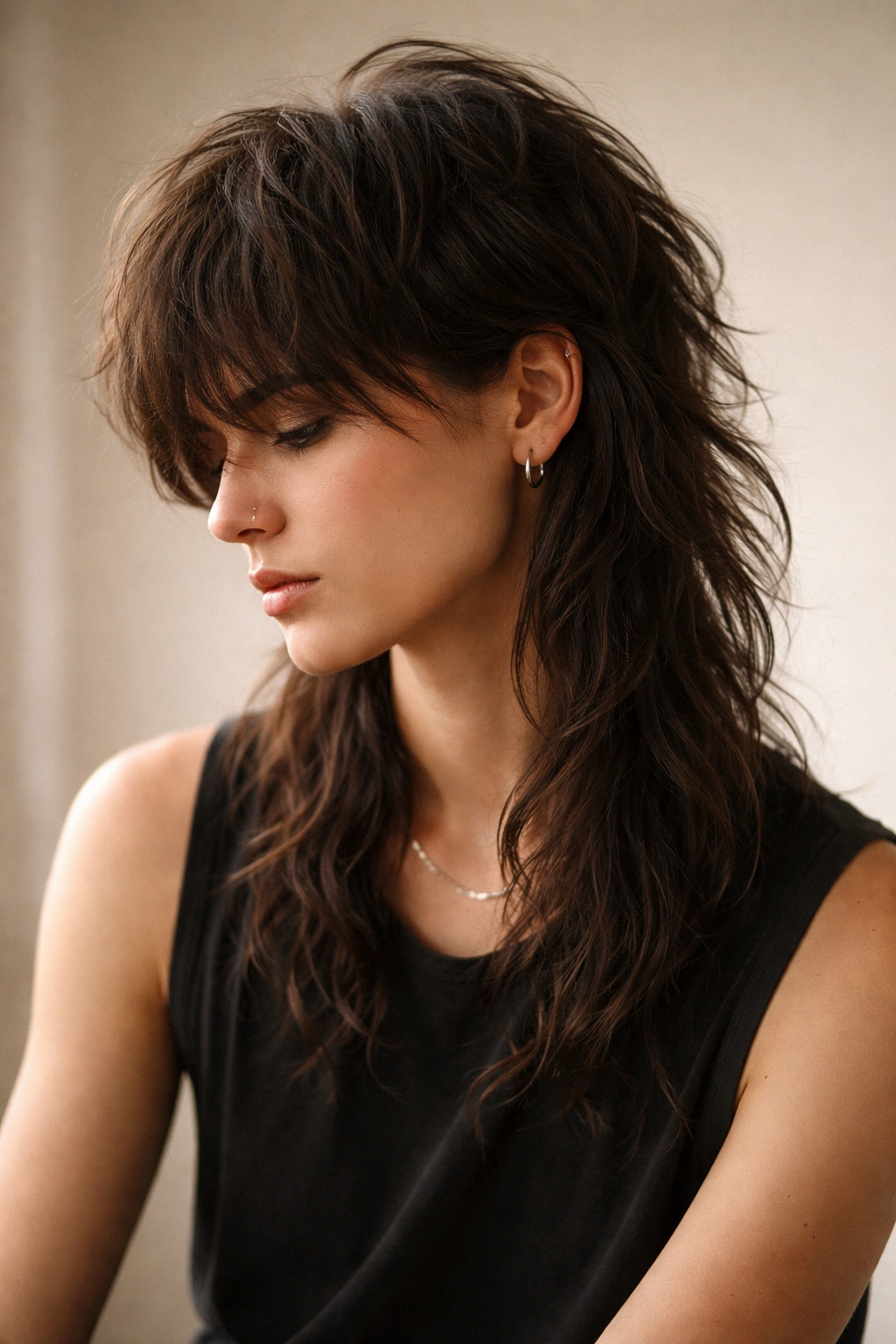 Contemplative portrait of a person with a long mullet in a neutral studio