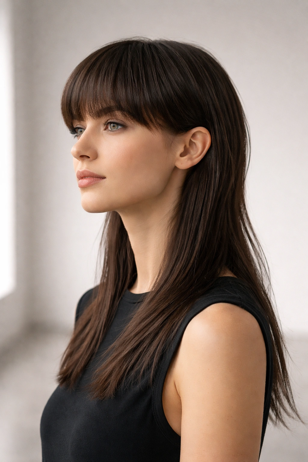 Portrait of a person with a straight-hair mullet in a minimalist studio, highlighting the modern mullet silhouette