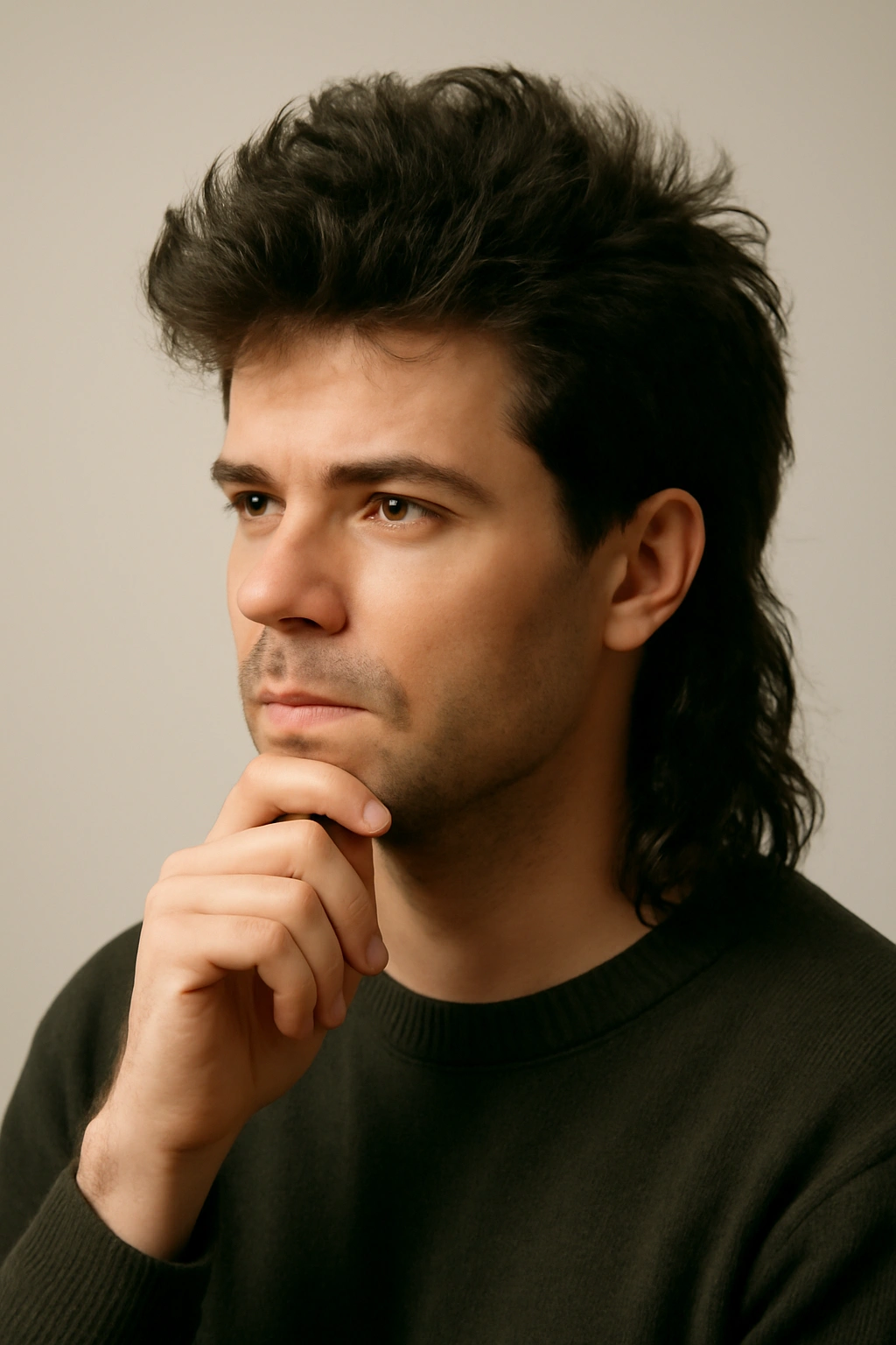 10 Mullet Haircuts That Suit Thick Heavy Hair 11 Contemplative portrait of a person with thick hair mullet, representing final thoughts on style