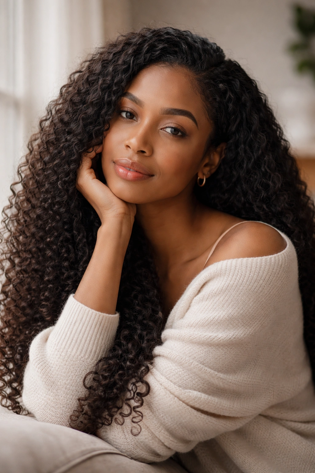 Serene portrait of someone with long natural hair in soft light