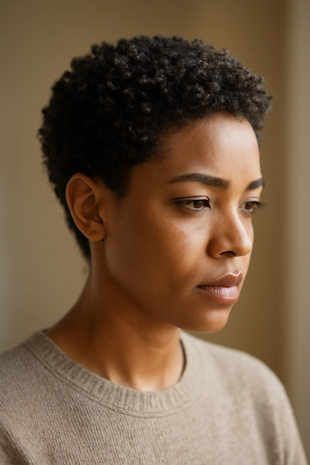 Short Natural Haircuts for Coily and Curly Textures 16 Calm portrait of a person with a short natural hairstyle