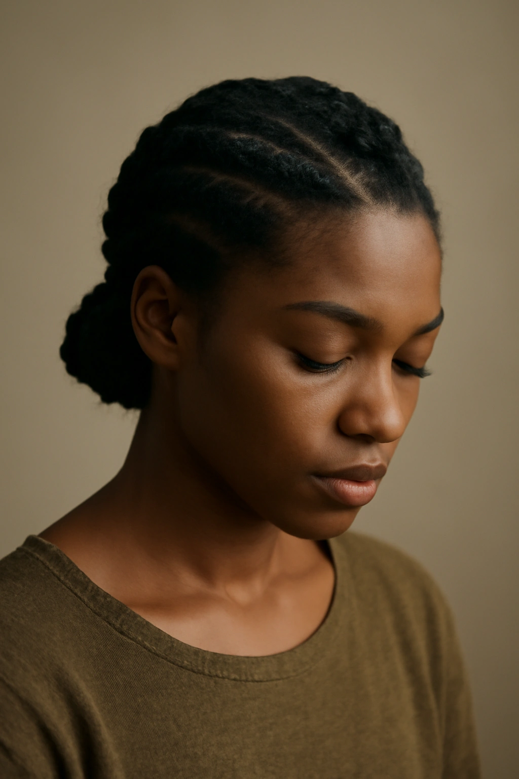 10 Flat Twist Styles Every Natural Hair Woman Needs 11 Contemplative portrait highlighting natural hair in a calm studio setting