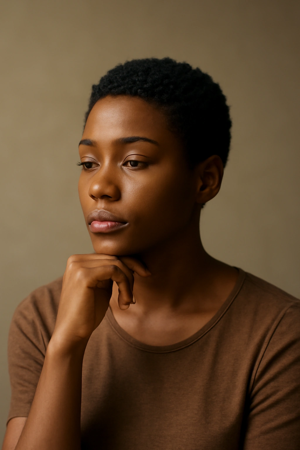 20 Short Natural Hairstyles for Black Women to Save 21 Portrait of a confident person with short natural hair in a contemplative pose
