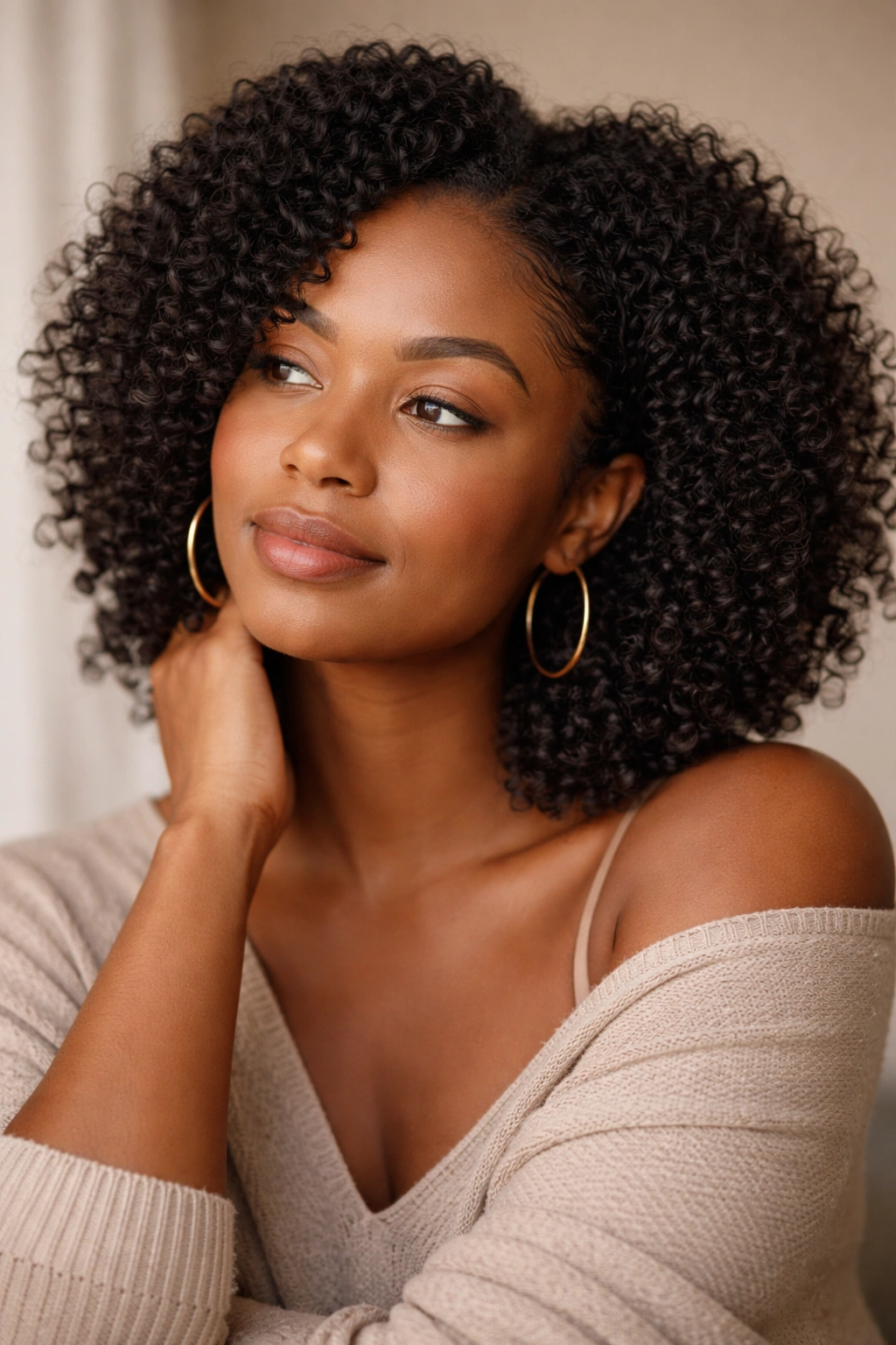 12 Cute And Simple Hairstyles For Black Women 13 Close-up portrait of a person with natural textured hair in a wash-and-go against a neutral background