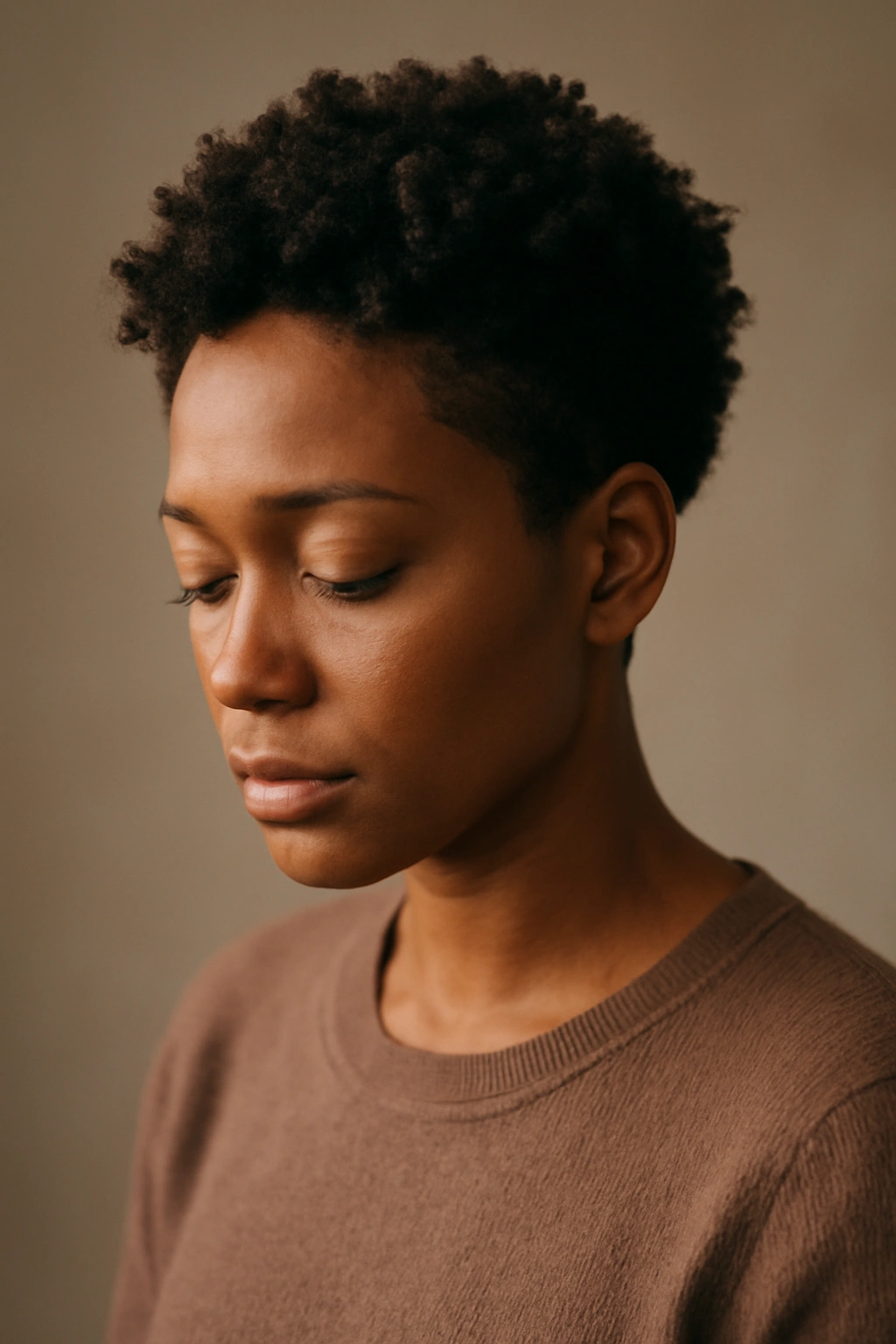 15 Tapered Cuts for Natural Hair Sorted by Curl Type 16 Contemplative portrait of a person with natural curls in a calm studio.