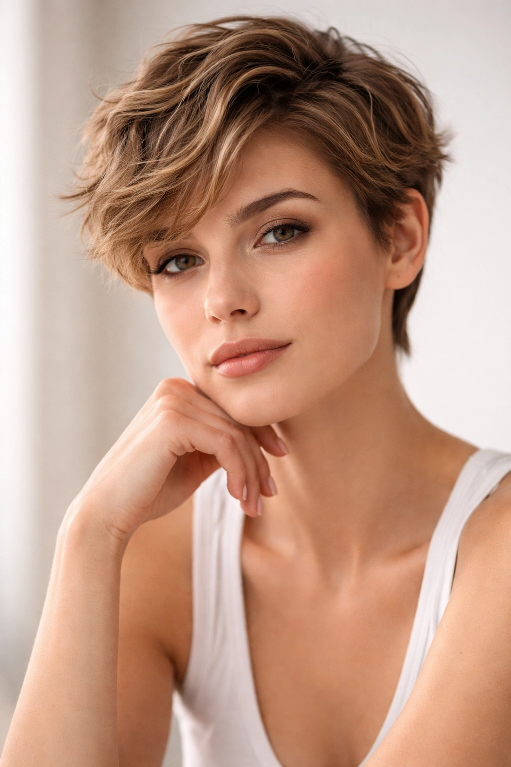 Contemplative portrait of a model with a wavy pixie in a studio setting