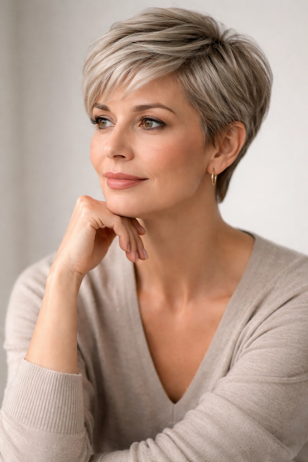Contemplative portrait of a mature woman with a chic pixie haircut.