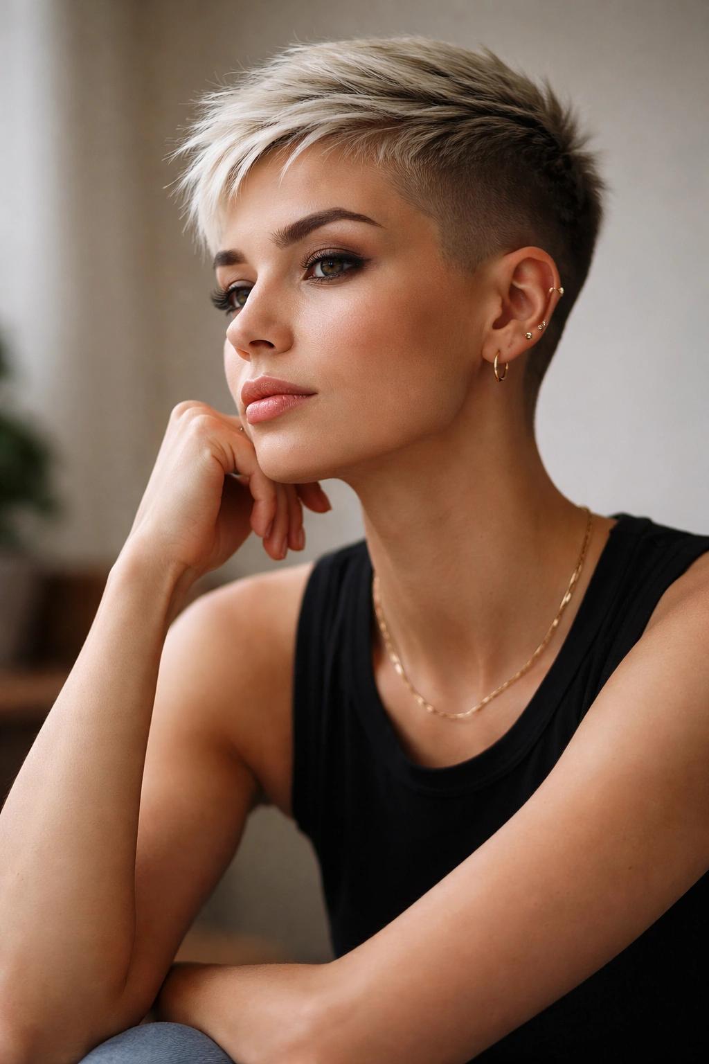 10 Shaved Pixie Styles That Look Incredibly Sharp 11 Contemplative portrait of a person with a shaved pixie exuding confidence