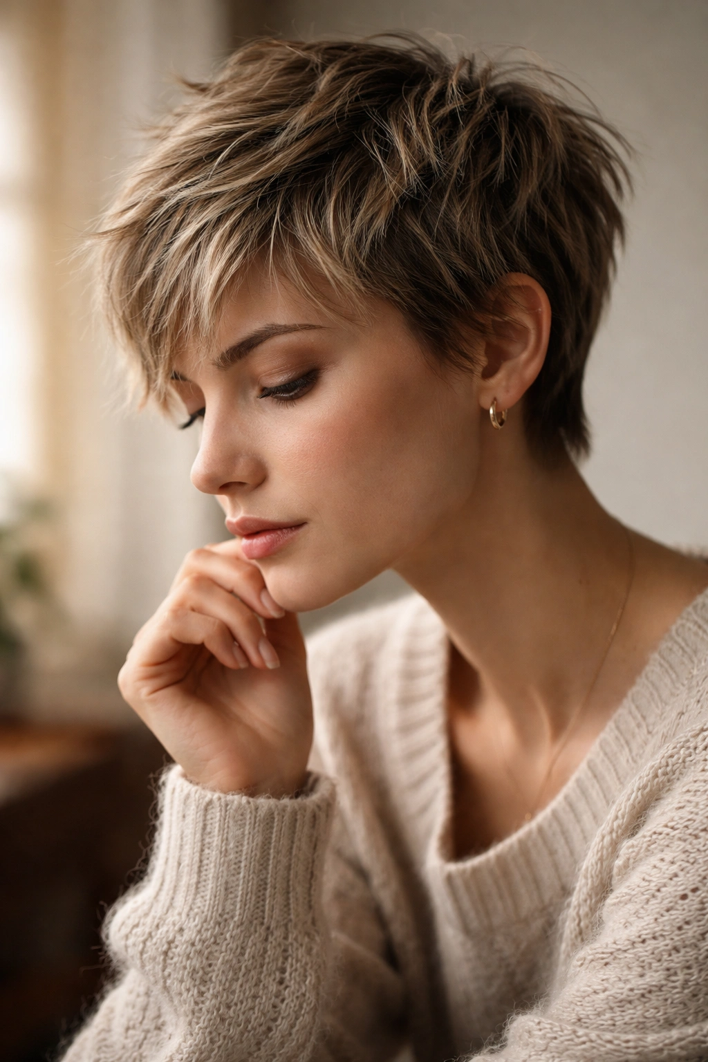 15 Choppy Pixie Cuts Full Of Edge And Texture 16 Abstract contemplative portrait with short textured pixie