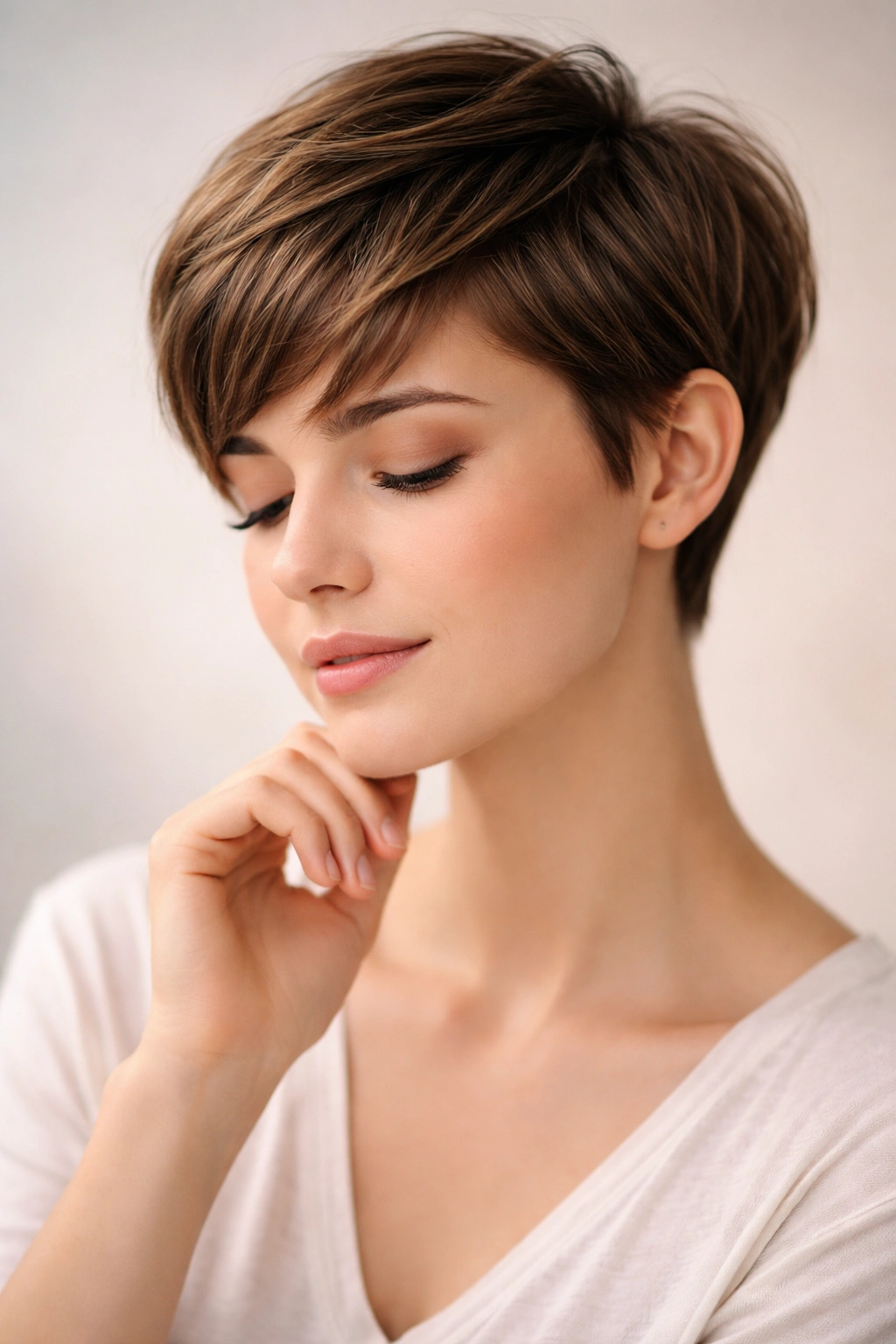 15 Pixie Styles Perfectly Suited To Round Faces 16 Contemplative portrait of a person with a pixie cut, reflecting final thoughts