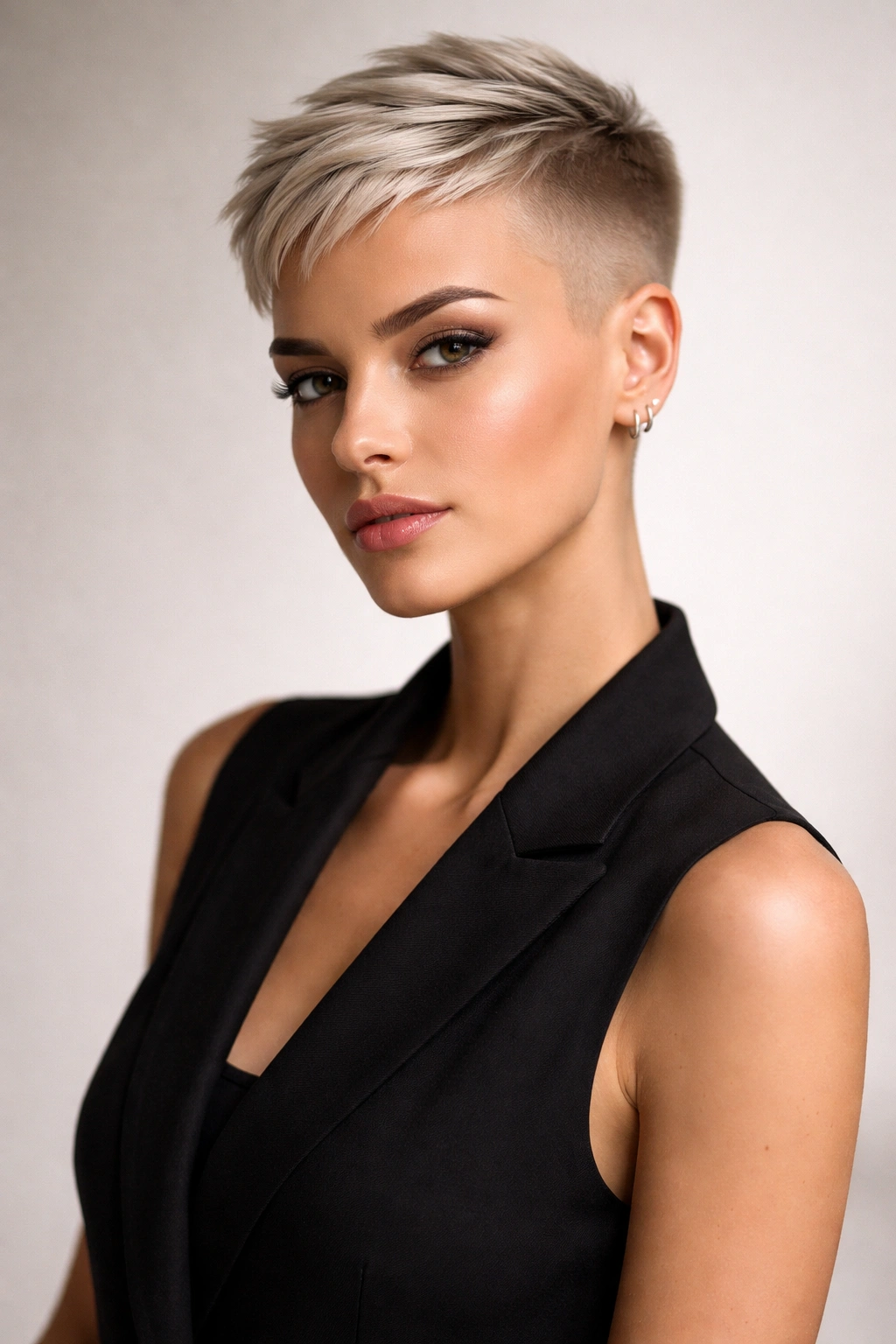 Confident person with shaved pixie in studio portrait