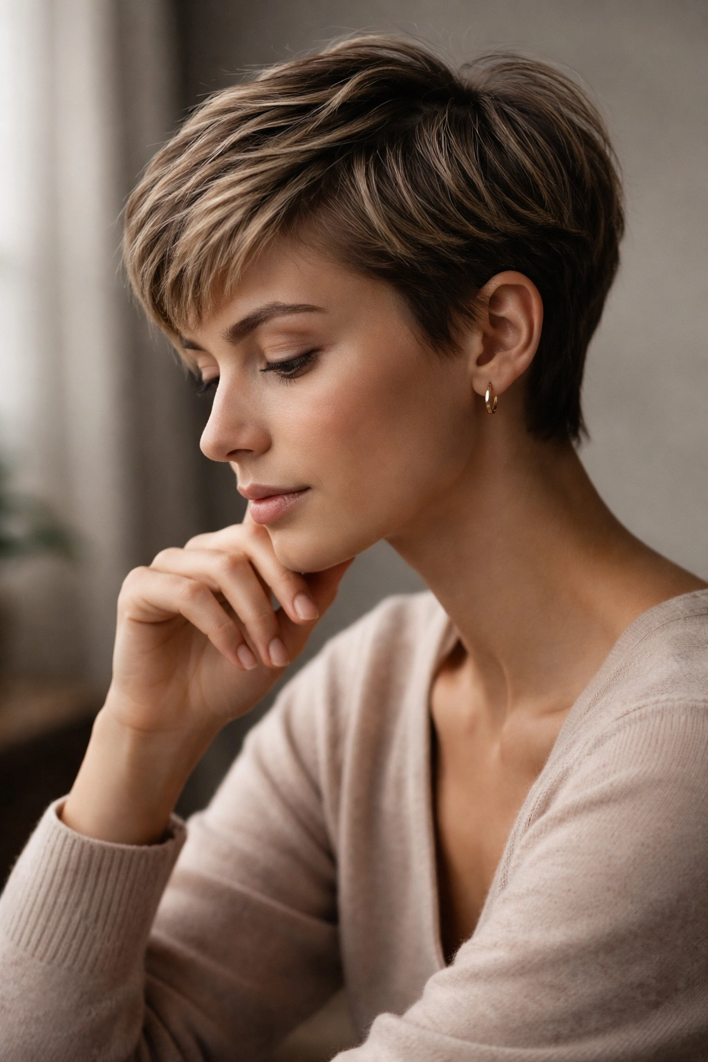 20 Short Pixie Haircuts That Practically Style 21 Portrait of a person with a short pixie haircut in a thoughtful pose