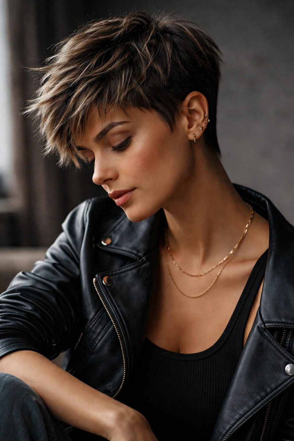 Contemplative portrait of a person with a chic choppy pixie cut in moody lighting.