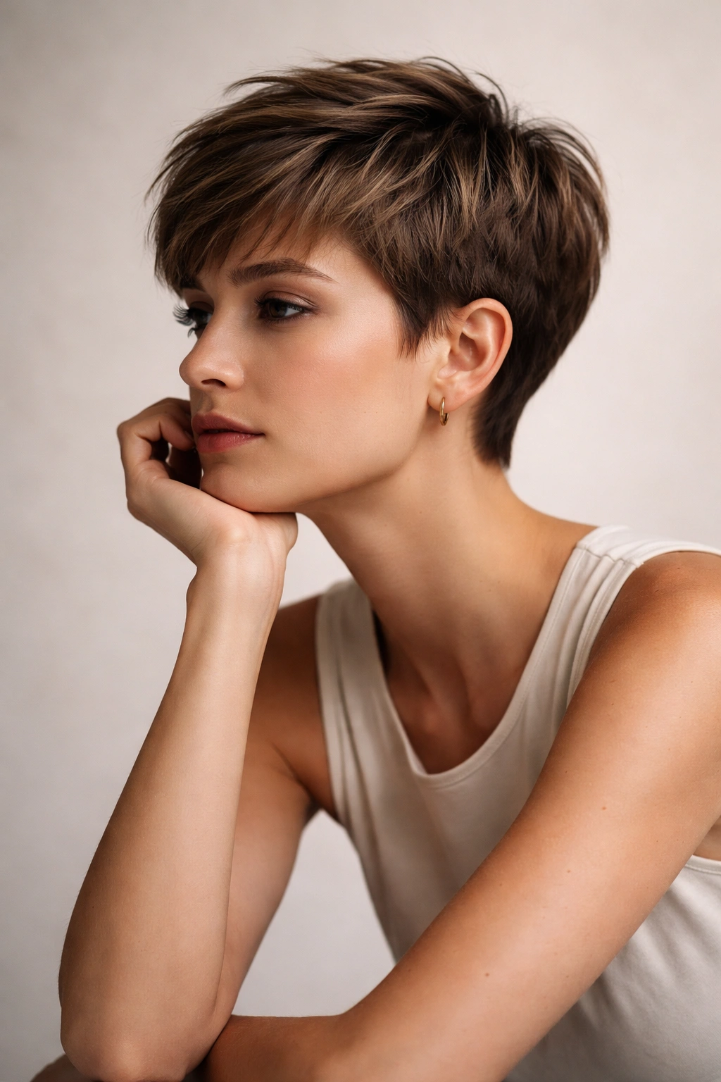 Contemplative portrait of a person with a pixie cut in a minimalist studio.