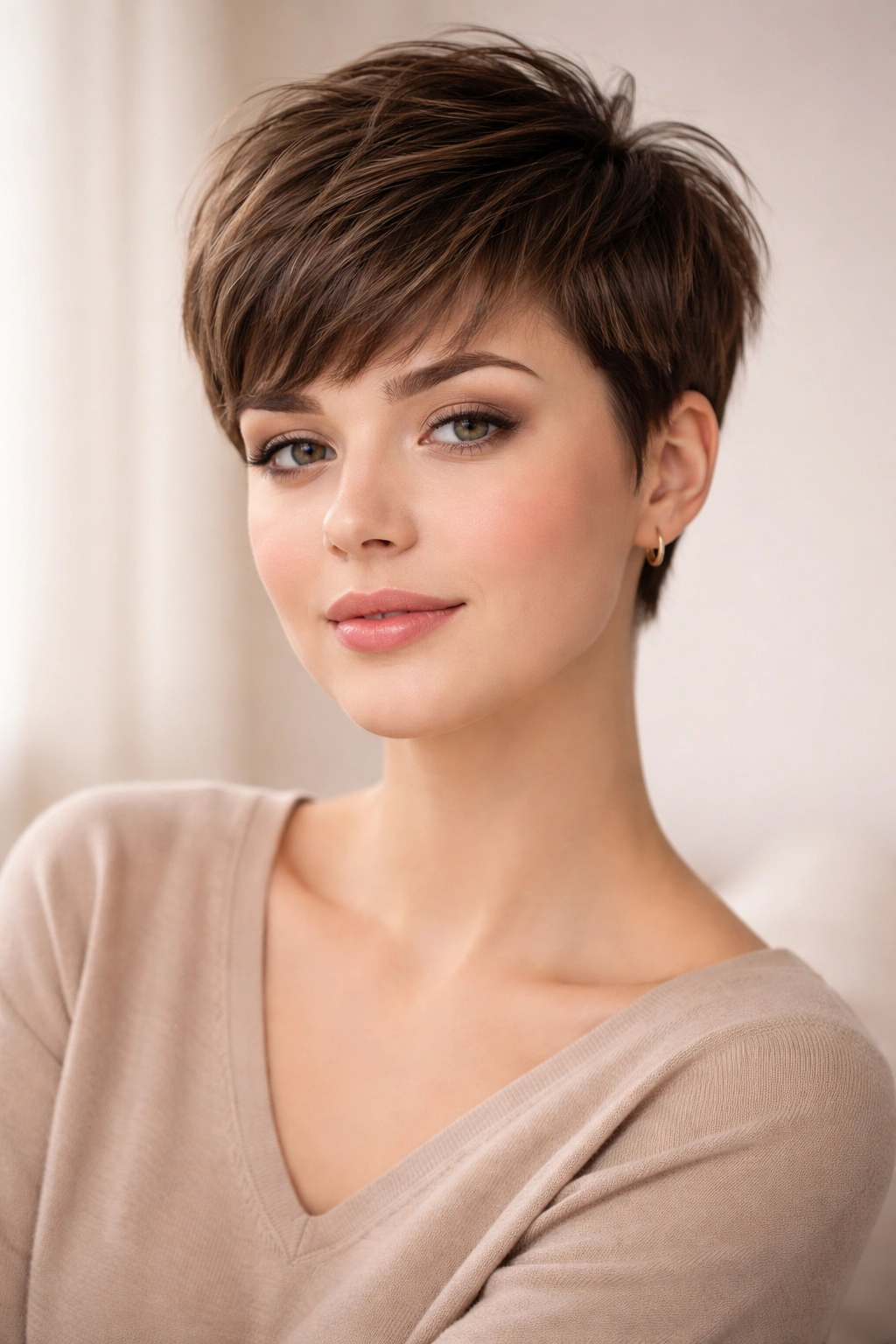 Model with refined pixie cut in a calm studio