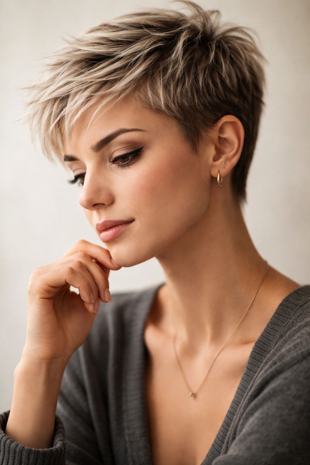 Thoughtful portrait of a confident woman with a short pixie
