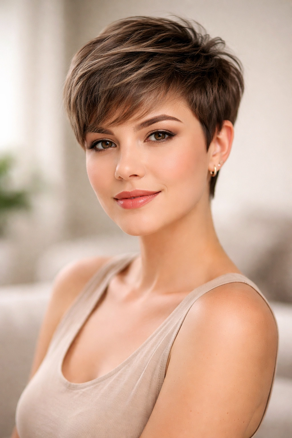 Model with refined pixie silhouette on a round face in a studio