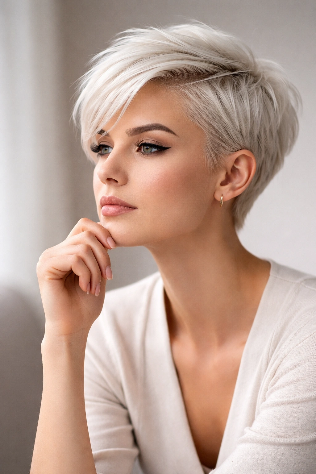 Portrait of a person with short platinum blonde hair in a thoughtful pose
