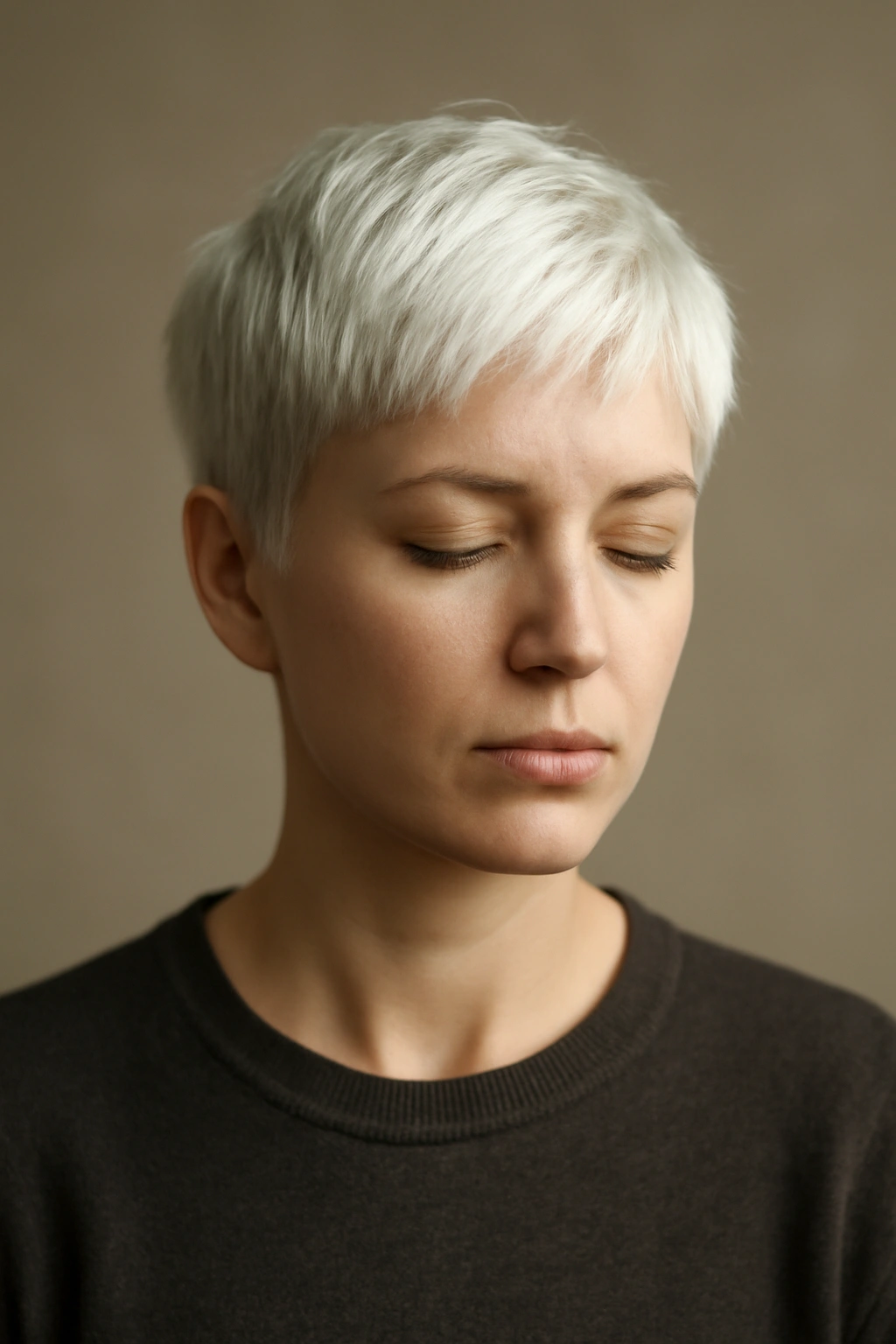10 Platinum Blonde Short Haircuts Women Are Getting Now 11 Contemplative portrait of a person with platinum blonde short hair