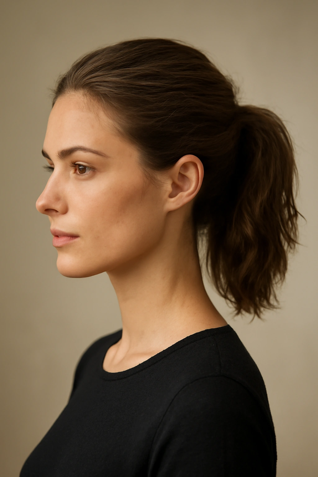 10 Short Hair Ponytail Styles That Last All Day 12 Model with a polished short ponytail in a neutral studio