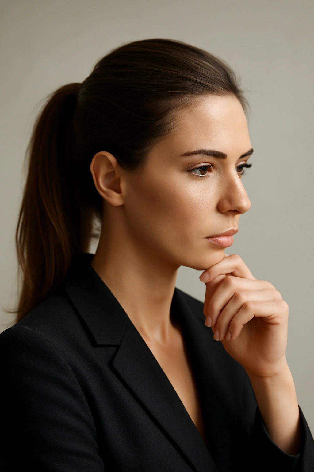 Person in contemplative pose with polished ponytail