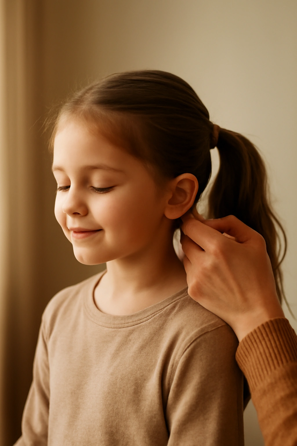 8 Easy Ponytail Hairstyles That Keep Up With Kids 10 Content child after hairstyle with a parent finishing the look with a final adjustment