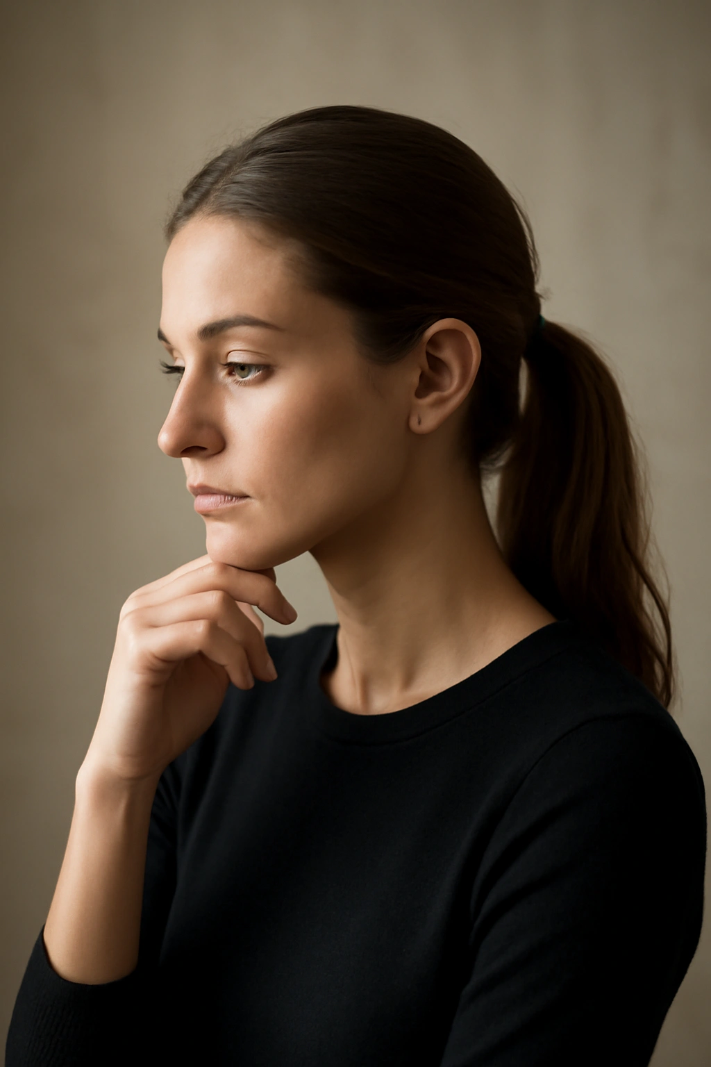 15 Ponytail Hairstyles for Work and Nights Out 16 Portrait of a person with a tidy ponytail in a calm studio, conveying final thoughts and confidence.