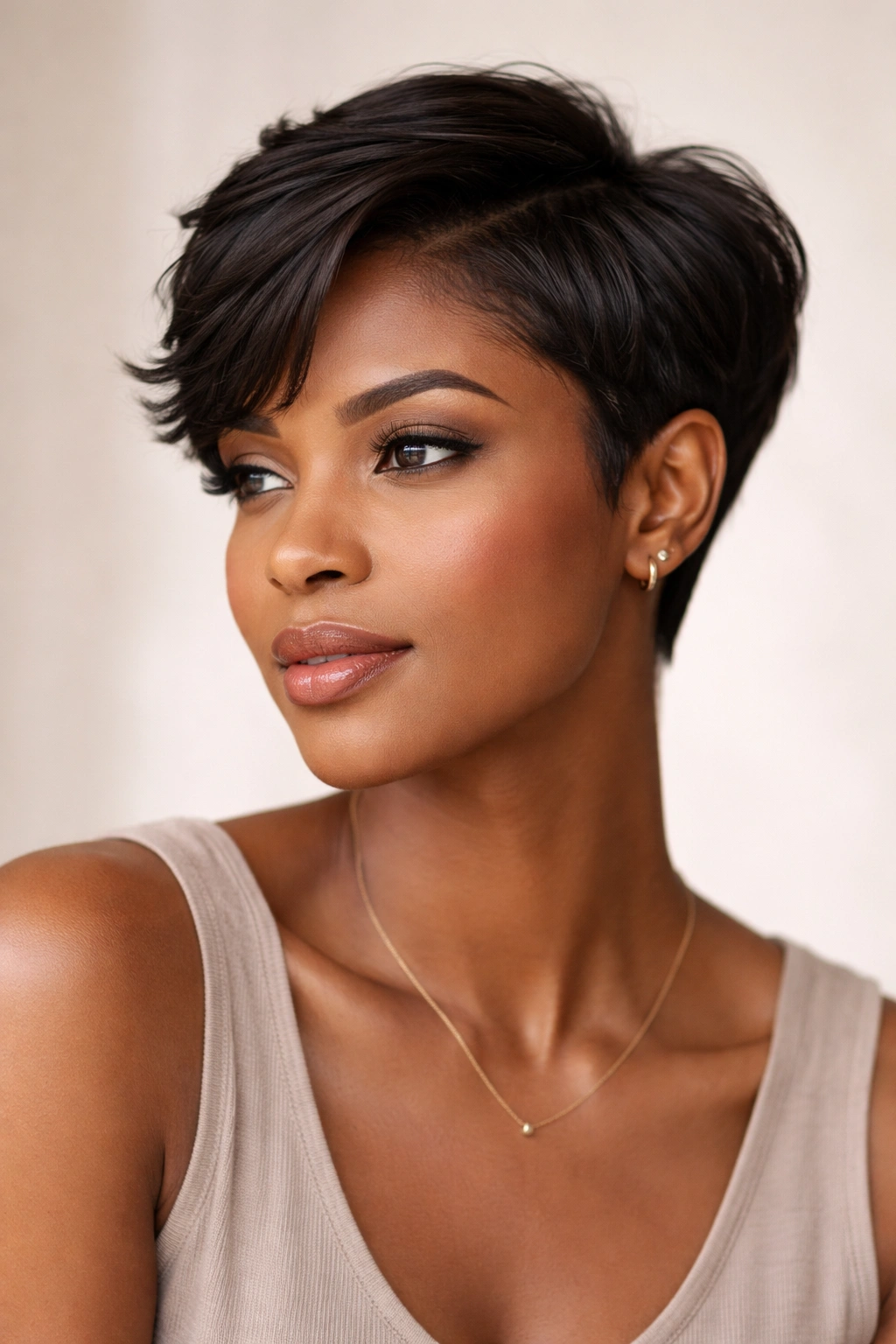 Close-up portrait of a person with a short relaxed hairstyle in a thoughtful pose, studio lighting