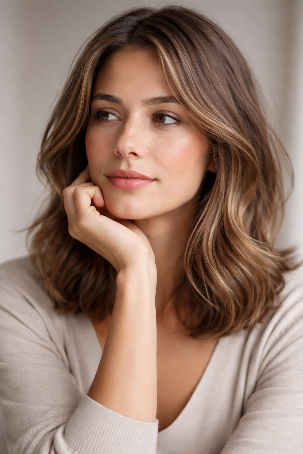 Thoughtful portrait in a neutral studio reflecting on hairstyle choices