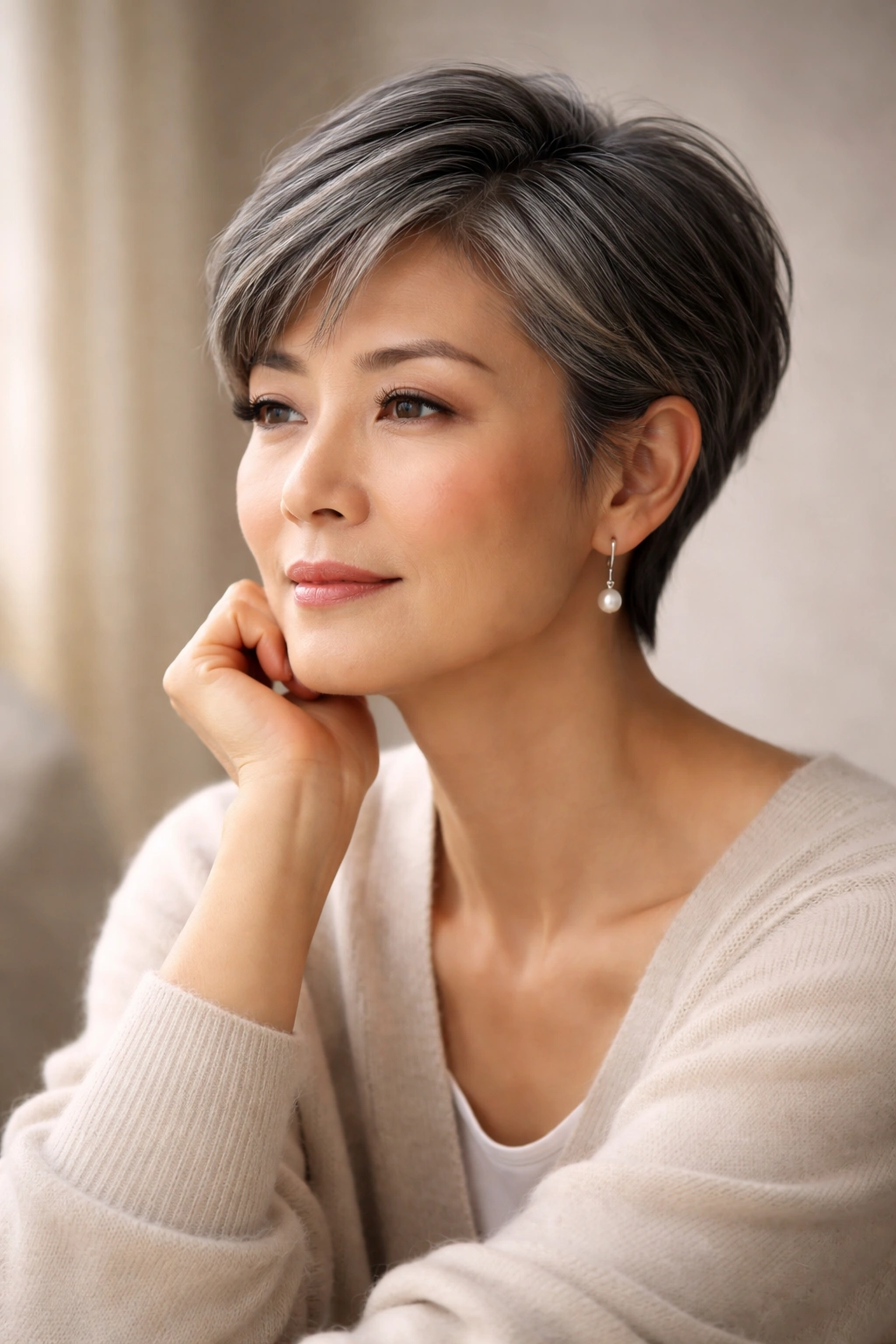 Portrait of a mature woman with short hair in soft lighting.