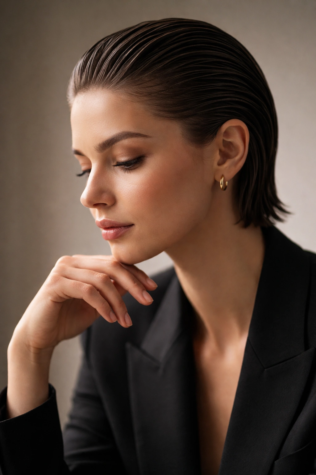 Portrait of a person with slicked-back hair in a contemplative pose against a neutral backdrop