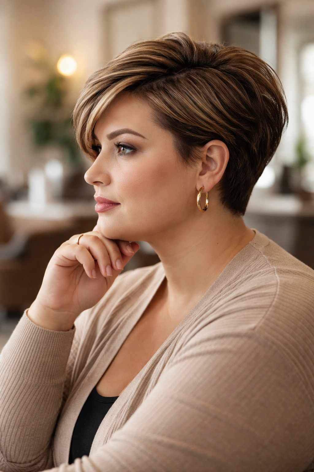 Thoughtful portrait of a woman with short hair in a calm salon
